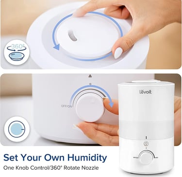lose-up of Levoit humidifier knob and top lid showing rotation arrows and user hand adjusting