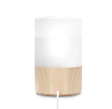 Rear view of Levoit humidifier with wood-textured base and visible power cable