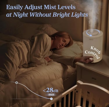Woman sleeping beside softly glowing humidifier while adjusting knob from bed