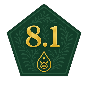 Green pentagon badge displaying Evellon Oils score of 8.1 with elegant gold leaf drop icon