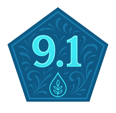 Evellon Oil Score badge with a 9.1 rating in glowing blue against a dark floral pentagon