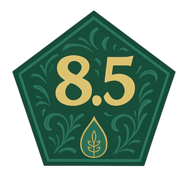 Green pentagon badge showing Evellon Oils score of 8.5 with leaf icon.