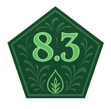 Green pentagon badge showing Evellon Oils score of 8.3 with leaf icon