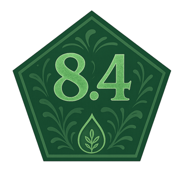 Green pentagon badge showing Evellon Oils score of 8.4 with leaf icon