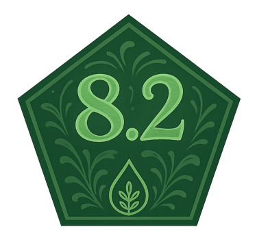 Green pentagon badge displaying Evellon Oils score of 8.2 with ornate leaf drop icon