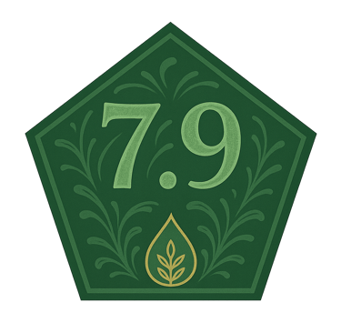 Green pentagon badge displaying Evellon Oils score of 7.9 with elegant leaf drop icon