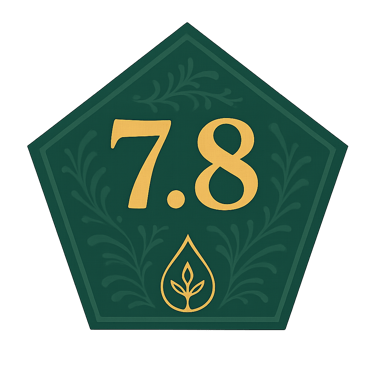 Green pentagon badge displaying Evellon Oils score of 7.8 with ornate leaf drop design