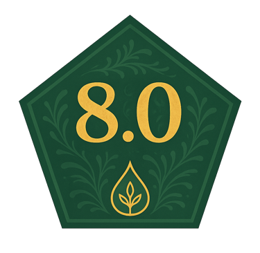 Green pentagon badge displaying Evellon Oils score of 8.0 with elegant leaf drop design