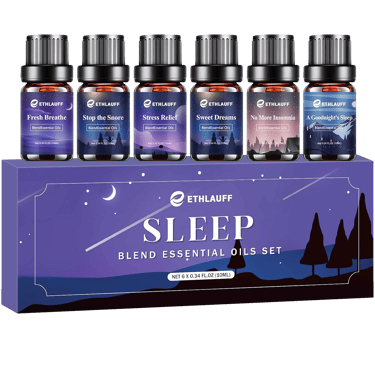 Ethlauff Sleep Blend Essential Oils set of 6 bottles in purple box with moon and trees design