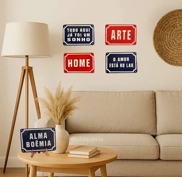 placas-esmaltadas-metal-plaqueria-decoracao-parede-sala-boho-estilosa- decorar