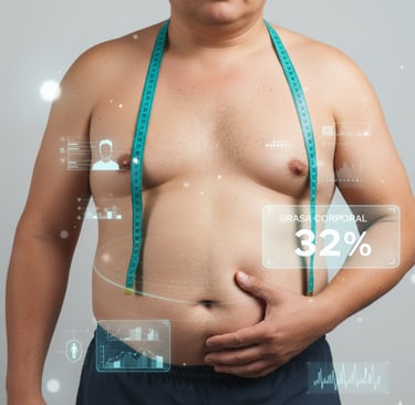 Hombre con 32% de grasa corporal medido con cinta. Muestra un nivel alto de grasa corporal.