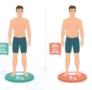 Comparación de composición: 15% vs. 30% de grasa en hombres (70 kg). Impacto visual de la grasa 