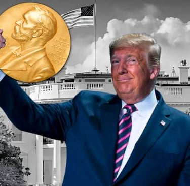 Donald Trump smiling with a Nobel Peace Prize medal.