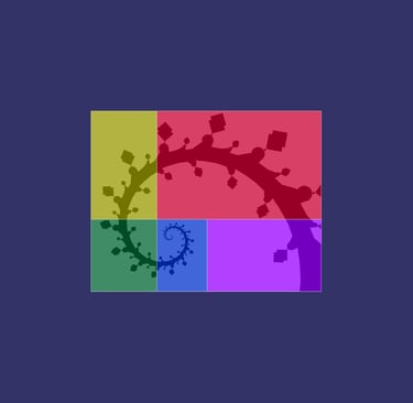 Graphic of a vine curling inward as it passes through five monochromatic zones, jewel tones: purple, red, yellow, green, blue