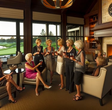 A sophisticated gathering of women from the Achasta Ladies Club, dressed in elegant attire, holding 