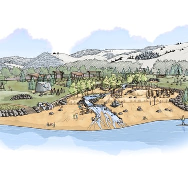 a drawing of a lake with a mountain in the background