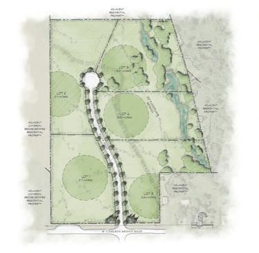 a drawing of a landscaped area with a pond and a pond