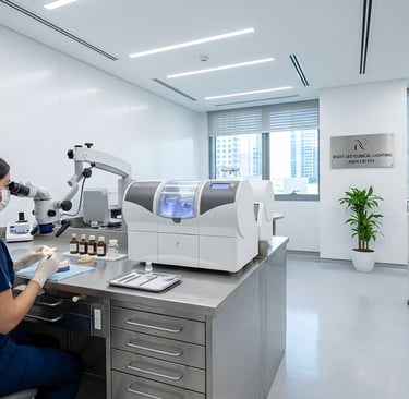Pristine dental lab and clinical space in a modern UAE clinic, illuminated by custom high-CRI 97+ LE