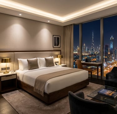 Warm-dimming integration in a luxury suite, maintaining a cozy 2200K ambiance.