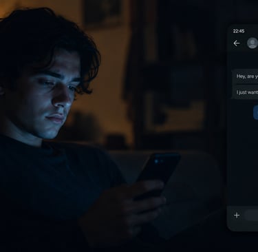 A person sitting alone in a dark room, staring at their phone as the last message shows 'read' — sym