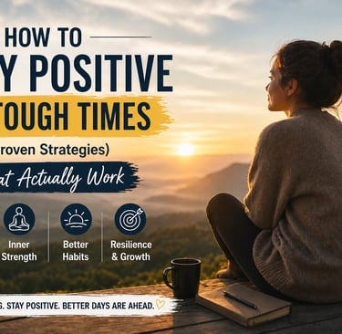 A woman looks at a sunset with tips on how to stay positive in tough times using a positive mindset.