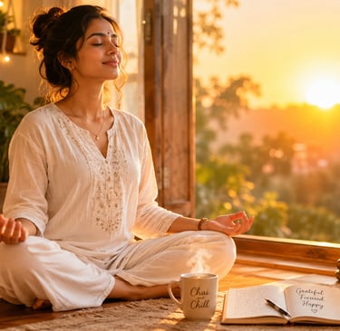 A woman practices morning meditation and mindfulness by a sunny window with a cup of chai and a gratitude journal.