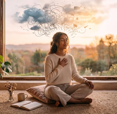 A woman meditates to calm anxiety and mental clutter, finding inner peace in a cozy room at sunset.