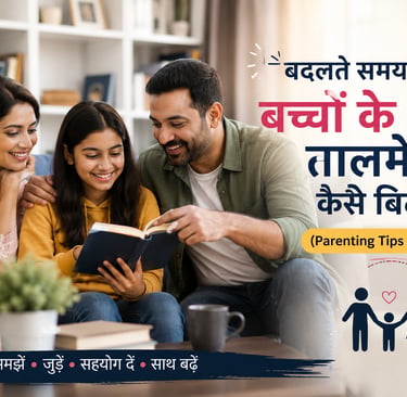 Parenting, Indian parents reading a book with their daughter for parenting tips and family bonding.