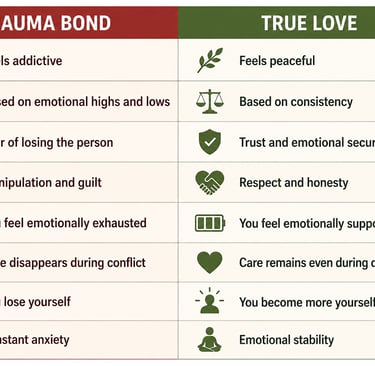 A comparison chart showing the differences between a trauma bond and true love with psychological symptoms.