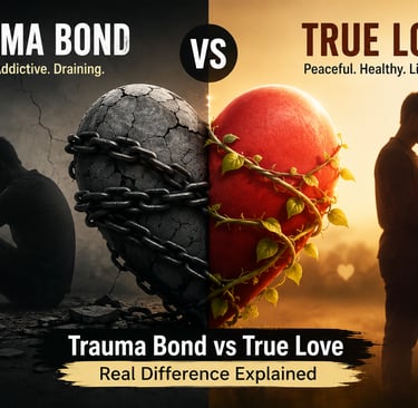 Comparison of a chained trauma bond heart vs a healthy true love heart with a happy couple in the sunlight.