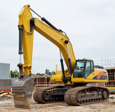 A powerful excavator digging at a busy construction site under a bright blue sky.