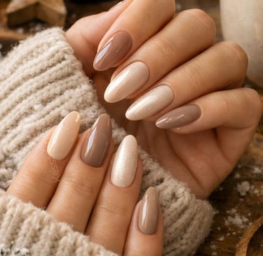 Nails by Kessa Knight. Soft coffee winter nails cozy romantic nail ideas