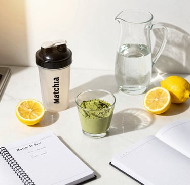 Step by step matcha powder for weight loss preparation showing Matcha Suri daily drink system