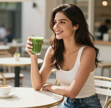 Woman drinking matcha slim tea Matcha Suri for natural weight loss results