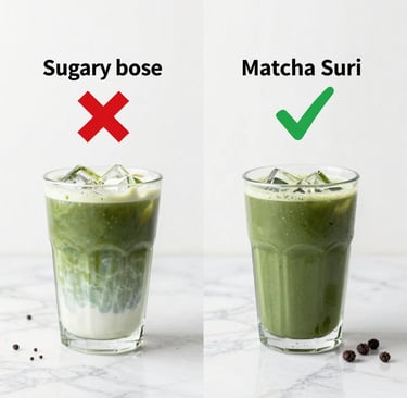Woman enjoying matcha latte weight loss results with Matcha Suri natural good weight loss drink