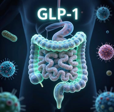 Medical illustration showing gut health and GLP-1 connection for best supplement weight loss with Rx