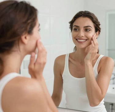 Smiling woman touching her clear skin while looking in a bathroom mirror for a skincare routine.