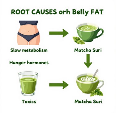 3 root causes of belly fat showing how Matcha Suri natural matcha targets each one daily