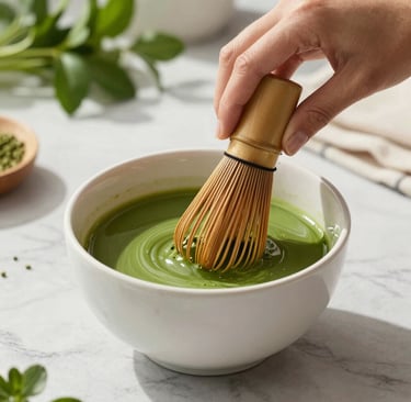 Preparing Matcha Suri green tea drink mix for natural antioxidant detox