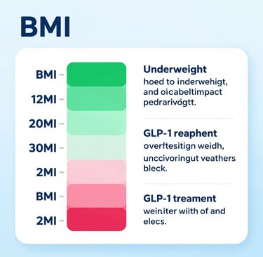 BMI scale showing weight loss program qualification range for GLP-1 Semaglutide treatment with Yucca