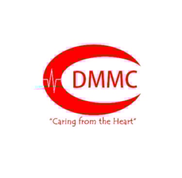 DMMC medical logo with a red crescent, heart rate monitor line, and the slogan Caring from the Heart.