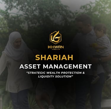 A family playing outdoors with Ikhwan Group Shariah Asset Management wealth protection text overlay.