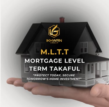 Hand holding a miniature house model promoting MLTT Mortgage Level Term Takaful insurance.