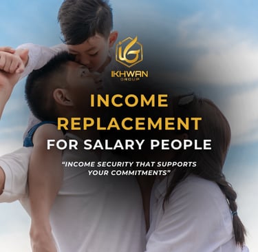 A family embracing outdoors with income replacement insurance text for salaried employees.