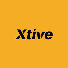 Minimalist Xtive brand logo in navy blue bold typography on a bright yellow background.