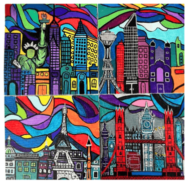 Custom Order Art by Frankie Abstract Colorful Paintings of cities 