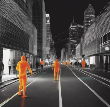 a street scene with a man in orange bodysuits