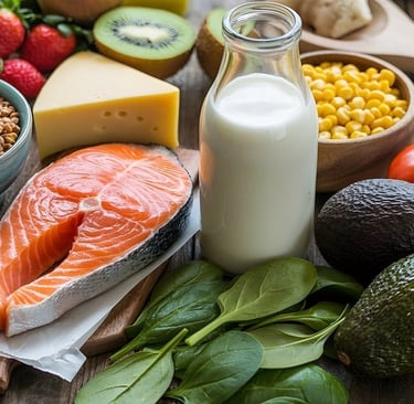 Salmon, milk in the bottle, avocados, and tomatoes