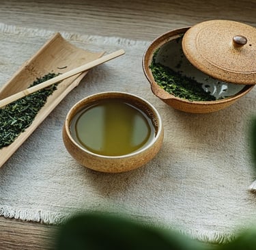 Green Tea in a cup and green tea leaves