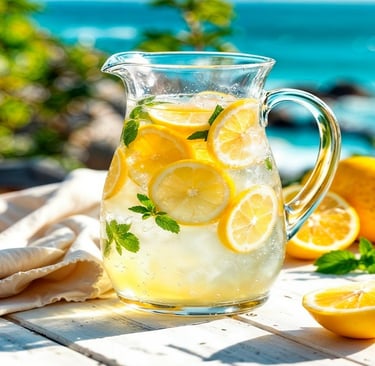 Lemonade and Lemons in a Glass Pitcher